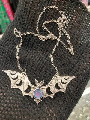 Bat Necklace w/ Moon Phase and Blue Gem