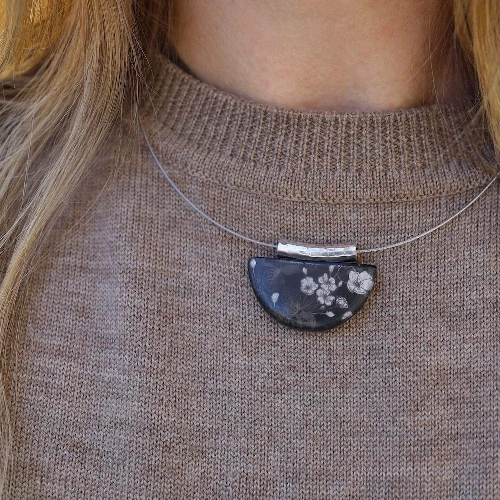 Black & White Kimono Half Moon Pendant