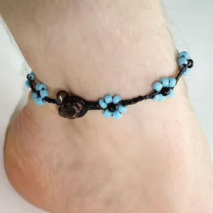 Blue Black Floral Flower Ankle Bracelet Foot Anklet Bells Chain Womens Jewellery