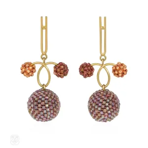 Gold and glass beaded ball loop design earrings