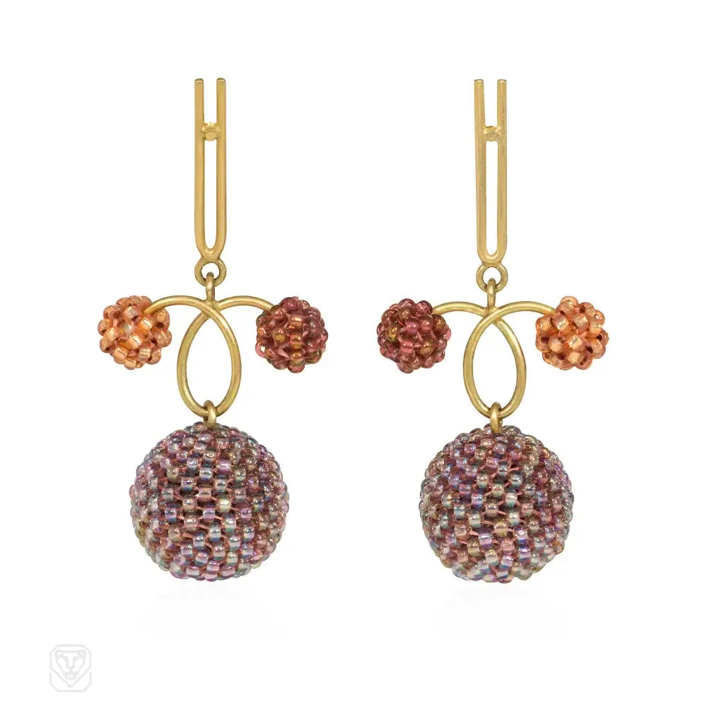 Gold and glass beaded ball loop design earrings