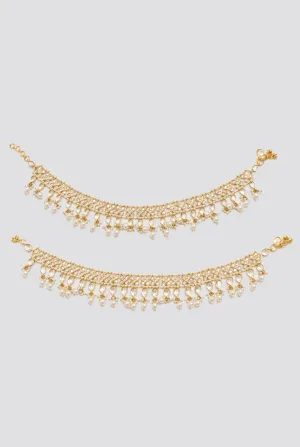 Gold Finish Kundan And Pearl Anklets