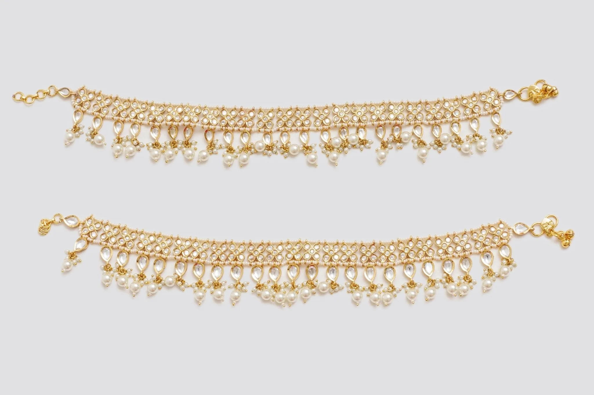 Gold Finish Kundan And Pearl Anklets