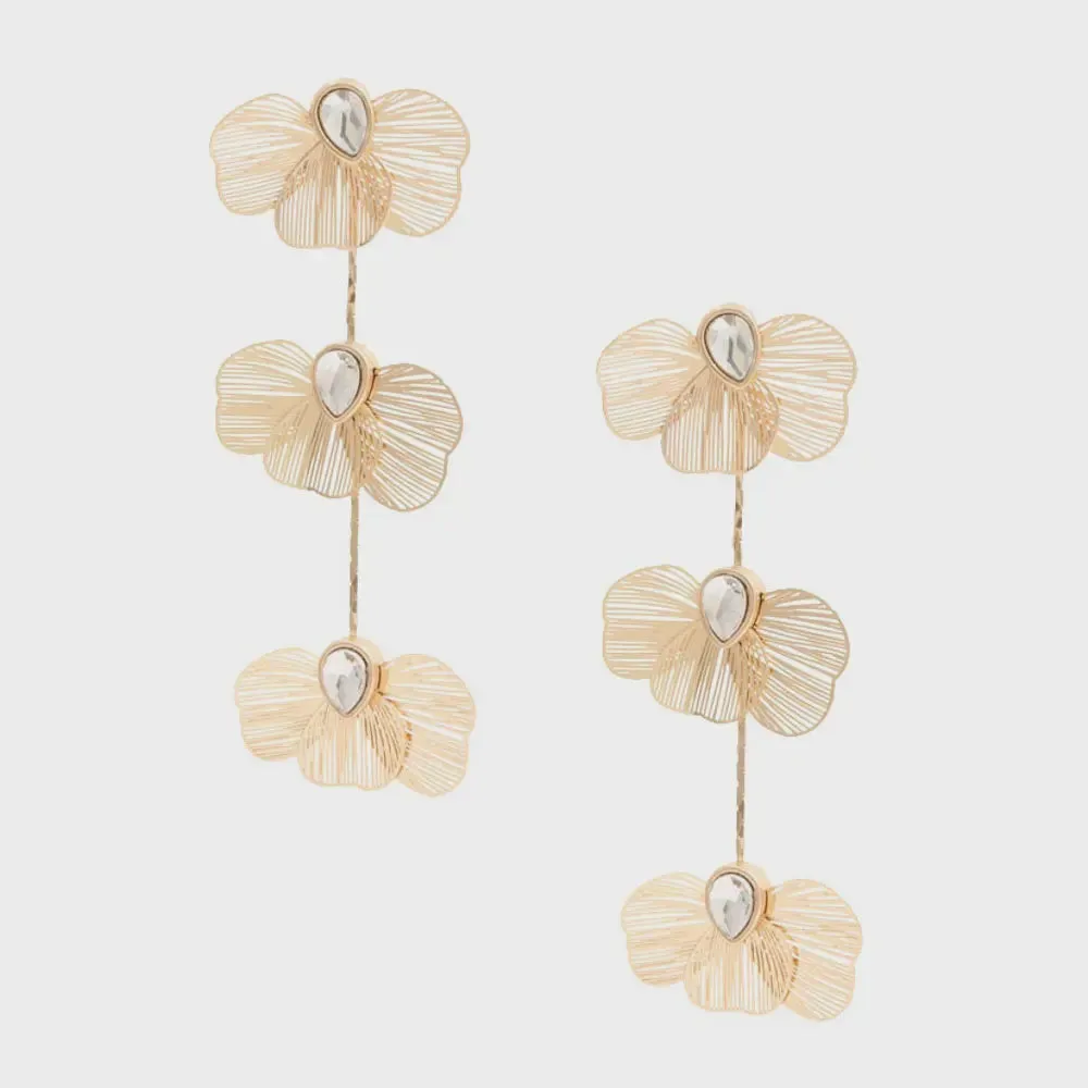 Golden Triple Bloom Drop Earrings