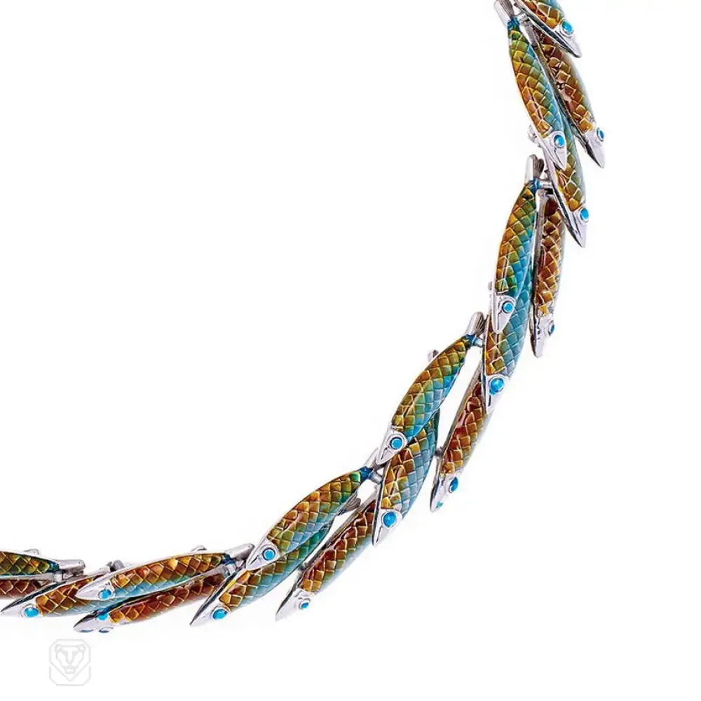 Green and blue enamel fish necklace