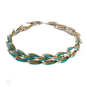 Green and blue enamel fish necklace