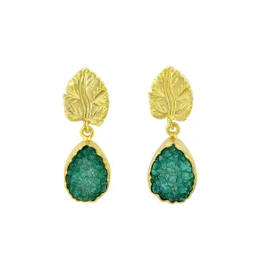 Green Druzy And Gold Leaf Earrings