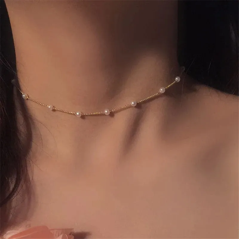 Korean Style Pearl Gold Pendant Collar Necklace