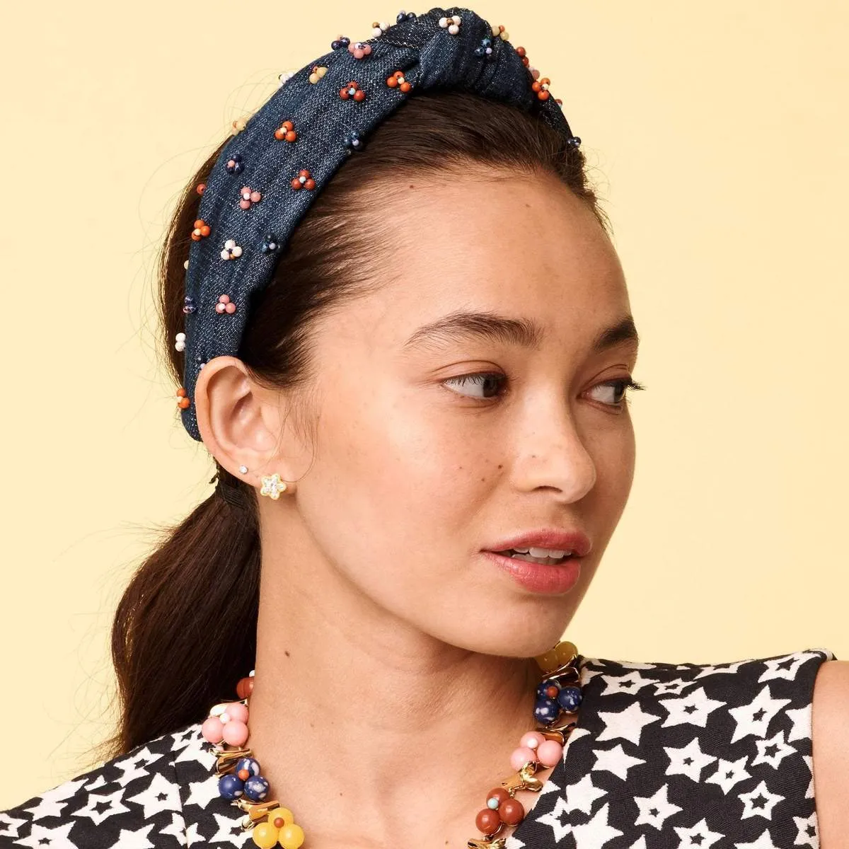 Lele Sadoughi DENIM TERRAZZO CACTUS FLOWER KNOTTED HEADBAND
