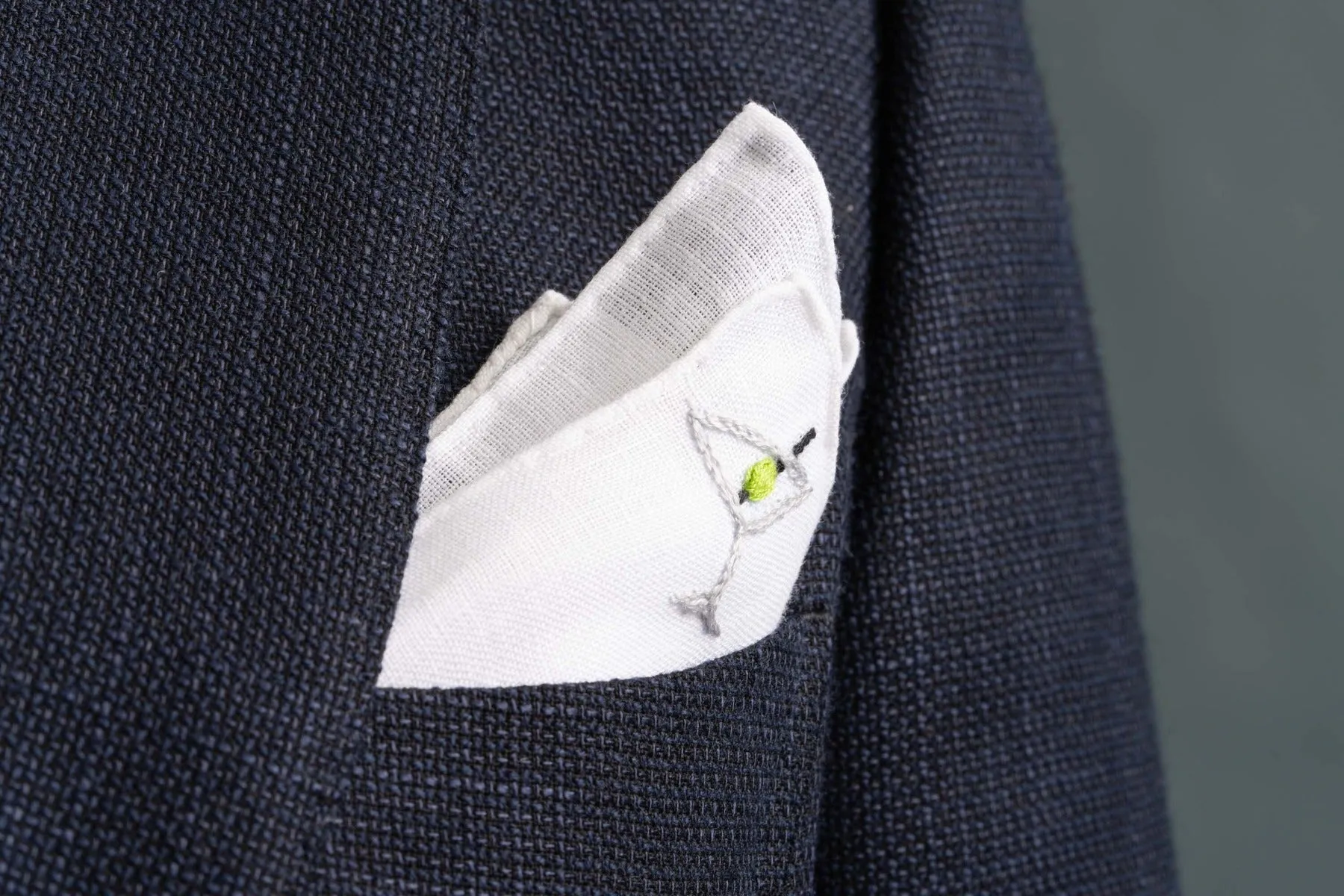Martini Cocktail Hand Embroidered Linen Pocket Square