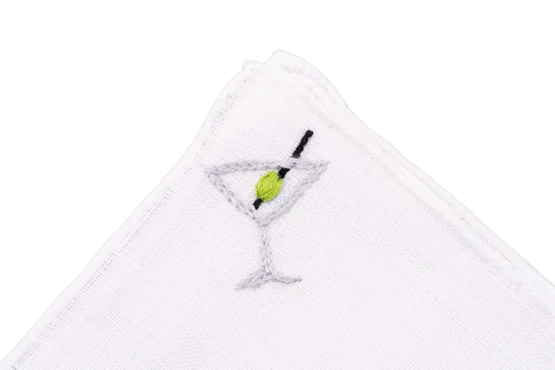 Martini Cocktail Hand Embroidered Linen Pocket Square