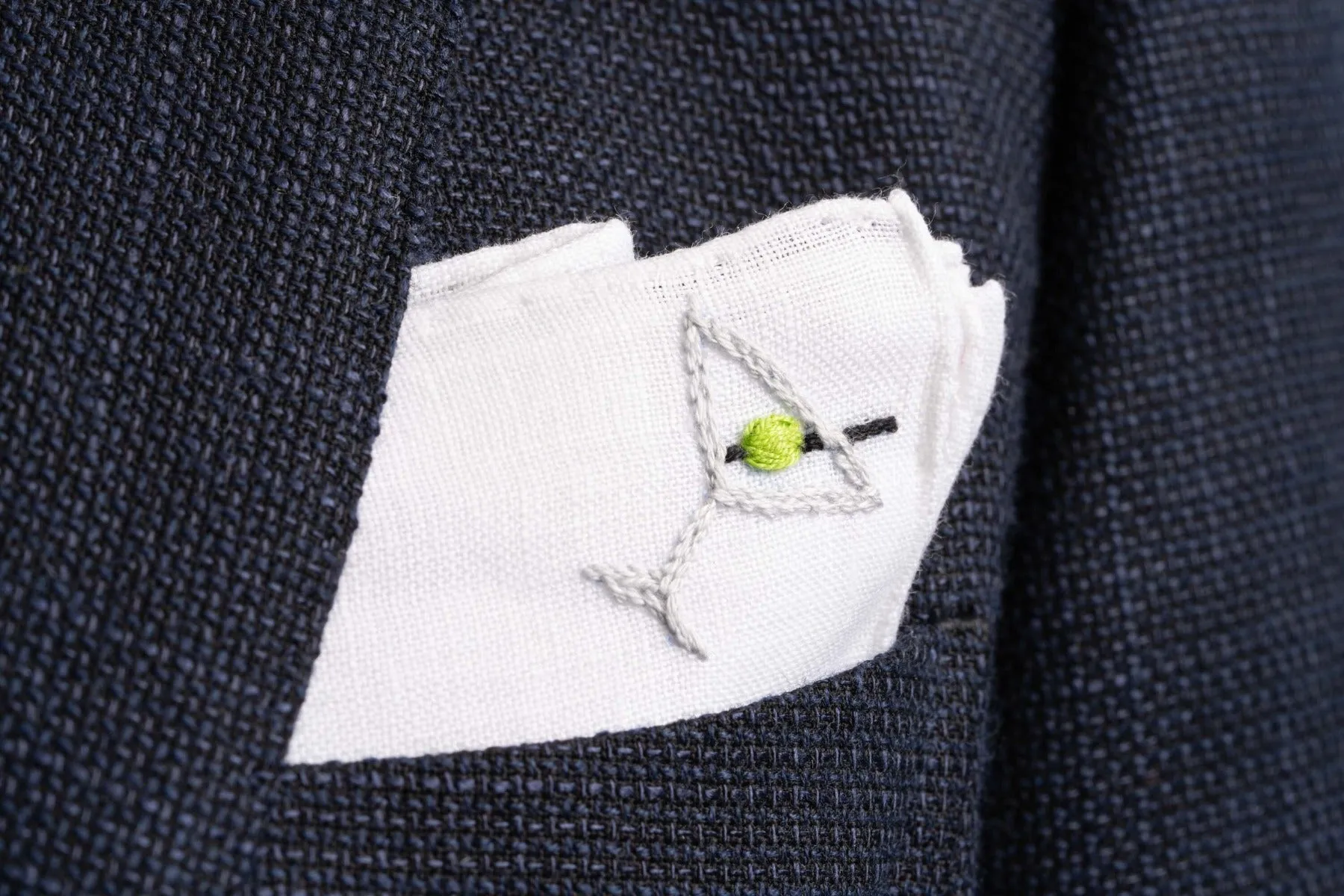 Martini Cocktail Hand Embroidered Linen Pocket Square