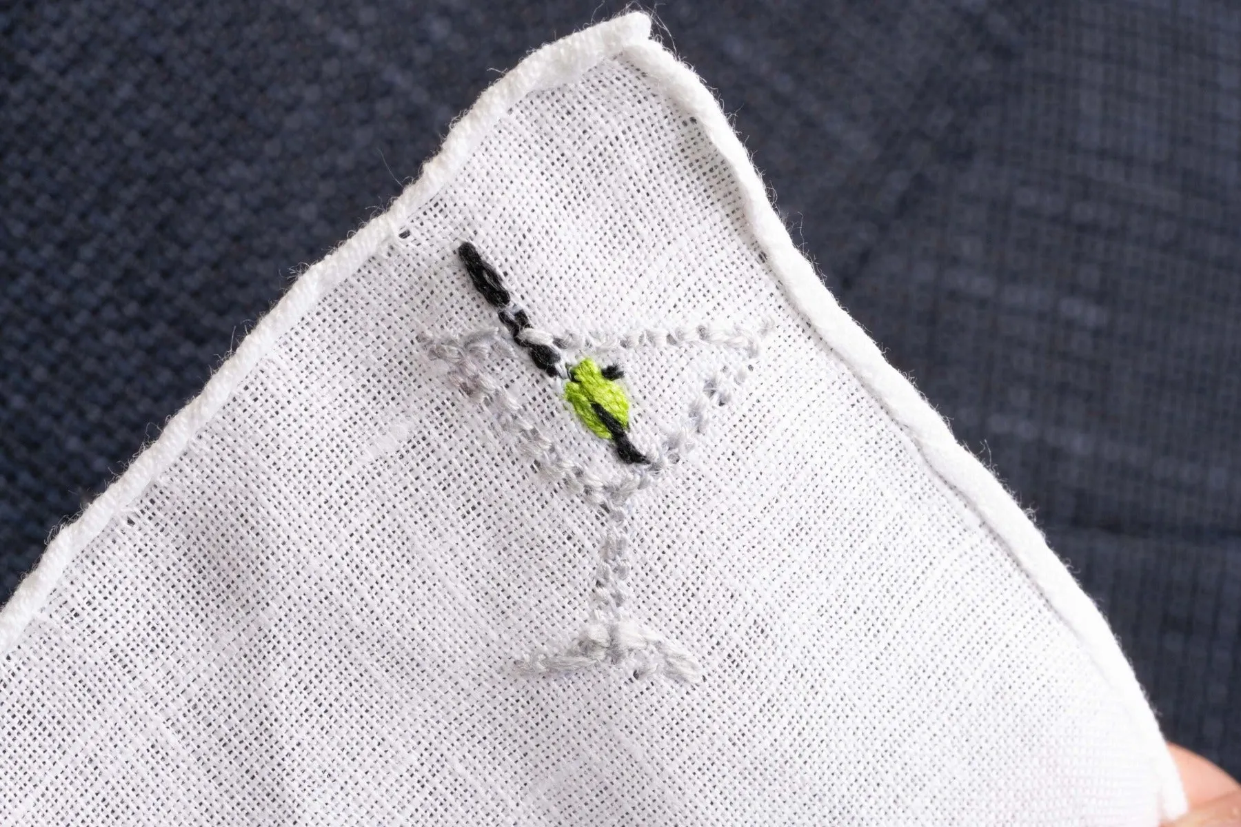 Martini Cocktail Hand Embroidered Linen Pocket Square