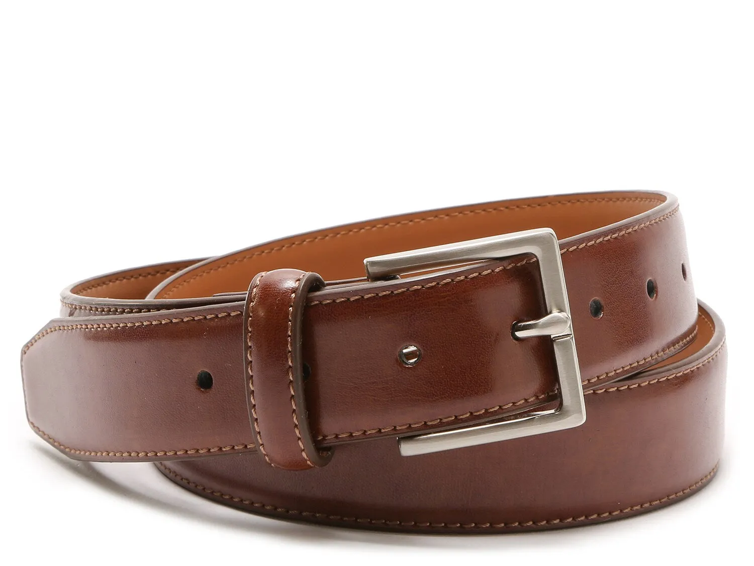 Men's leather belt Vince Camuto with stitching along the edges, cognac