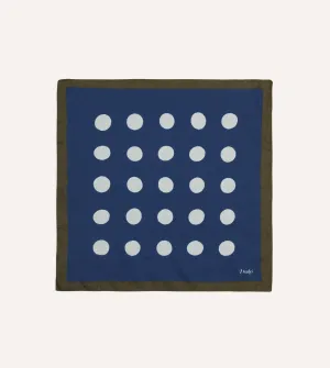Olive, Navy and Ecru Large Spots Print Cotton-Silk Pocket Square
