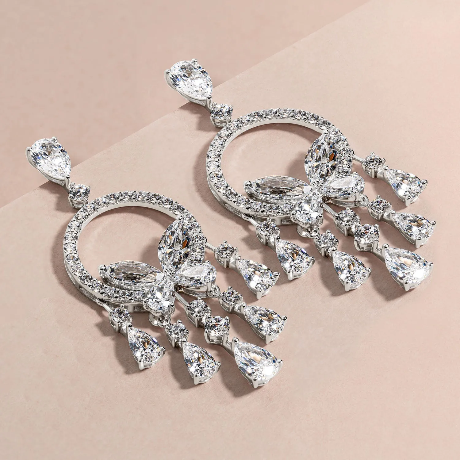 Papillon: Silver rhodium plated with Marquise-cut CZ glasswing butterfly chandelier earrings
