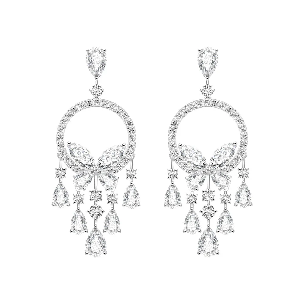 Papillon: Silver rhodium plated with Marquise-cut CZ glasswing butterfly chandelier earrings