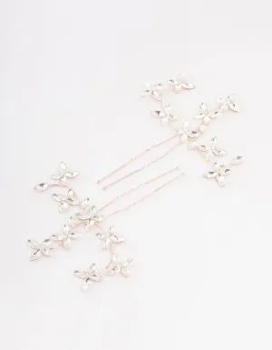 Rose Gold Flower Leaf Diamante Hair Pin Pack
