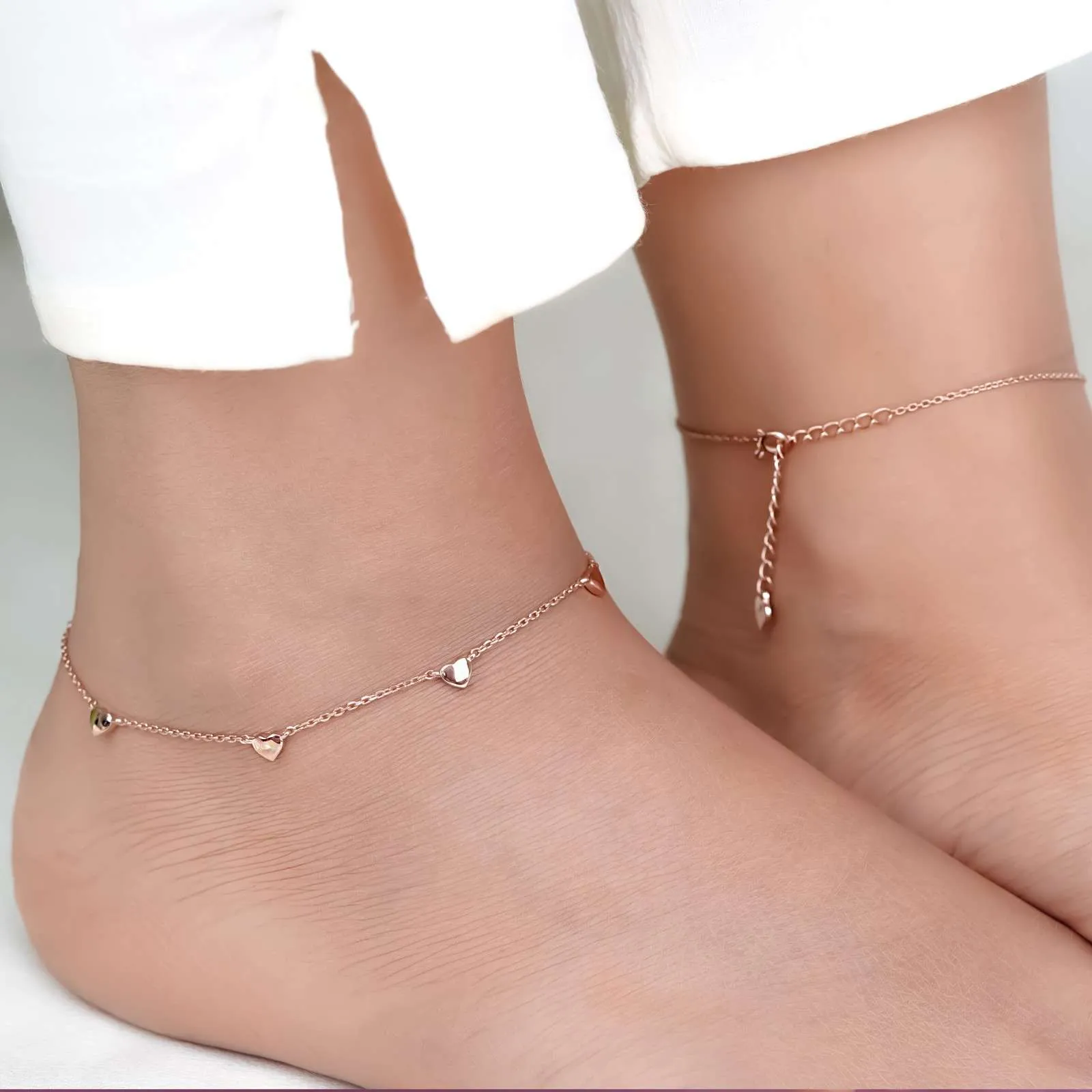 Rose Gold Heart Valentine Charms Anklet