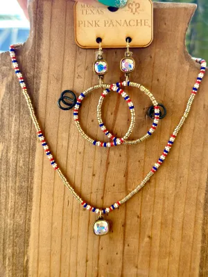 The Pink Panache Red, Blue, & Gold Necklace & Earring Set