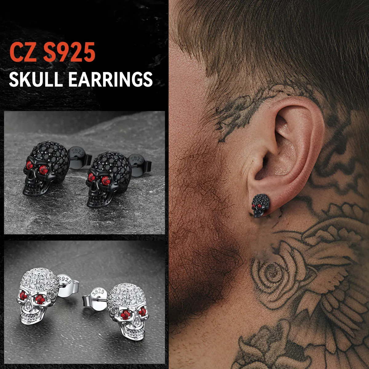 Zirconia Gothic Skull Stud Earrings For Men